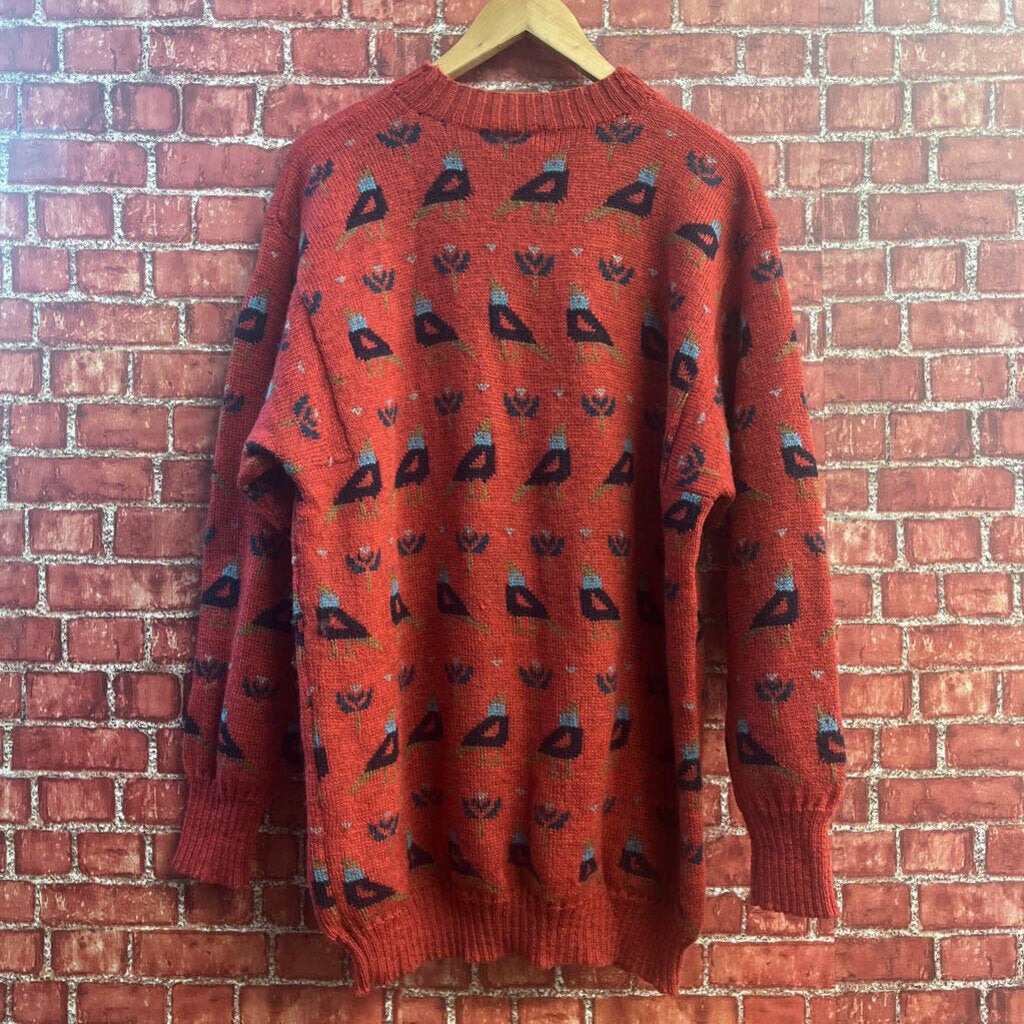 Jacqueline Palmer All Over Bird and Flower Print Wool Crewneck Sweater Red/Black/Brown *AS IS* Men’s Size 2XL
