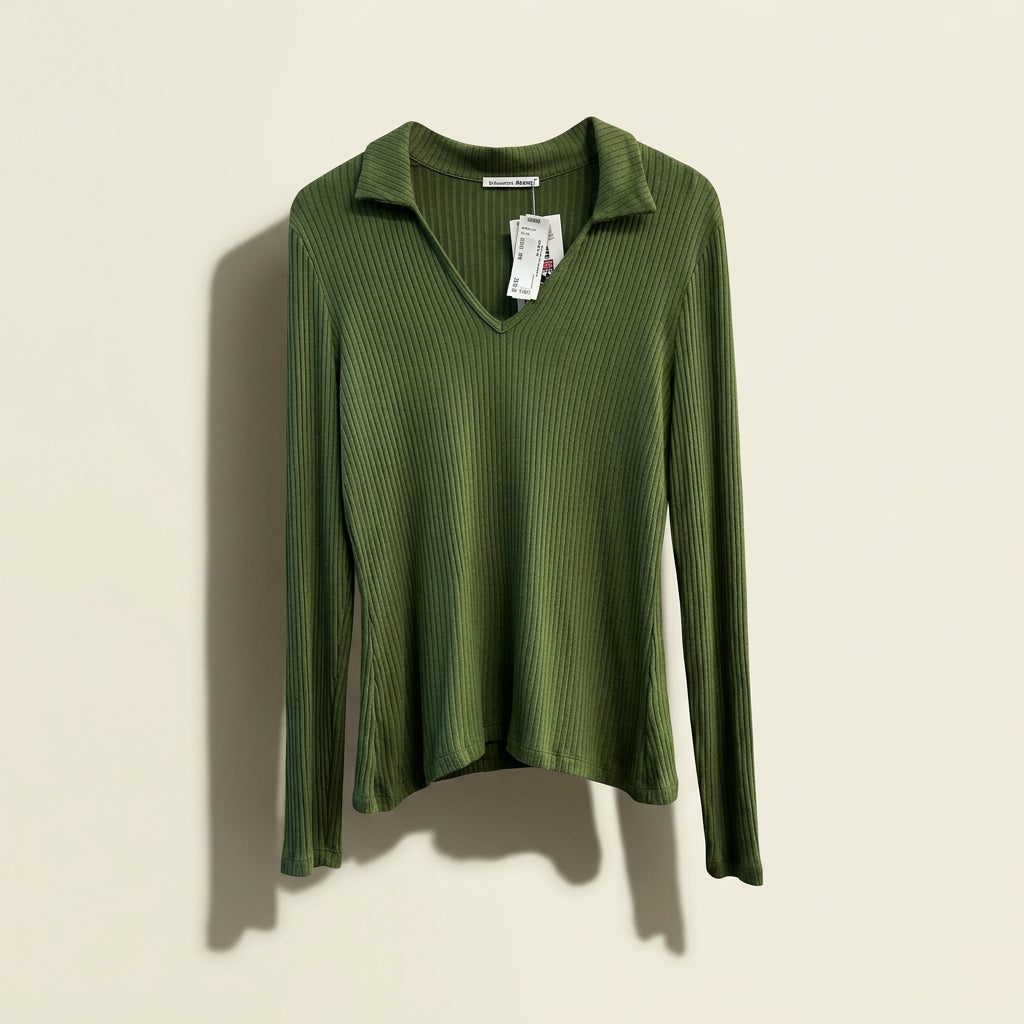 Reformation Ribbed Polo V-Neck Long Sleeve Green Ladies Size XL