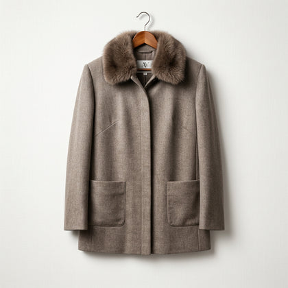 Charisma By Valentino Genuine Fur Collar Vintage Cashmere Coat brown Ladies Size S