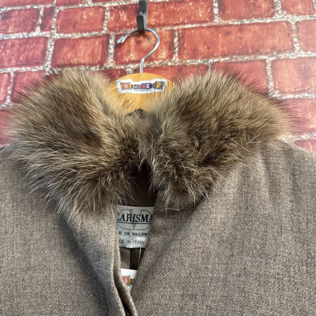 Charisma By Valentino Genuine Fur Collar Vintage Cashmere Coat brown Ladies Size S