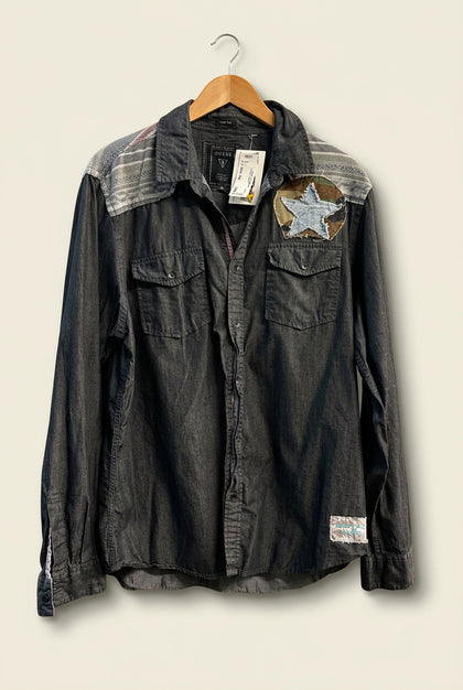 Guess Button Up Star Patchwork Jean/Blue/Red/Camo Men’s Size XL