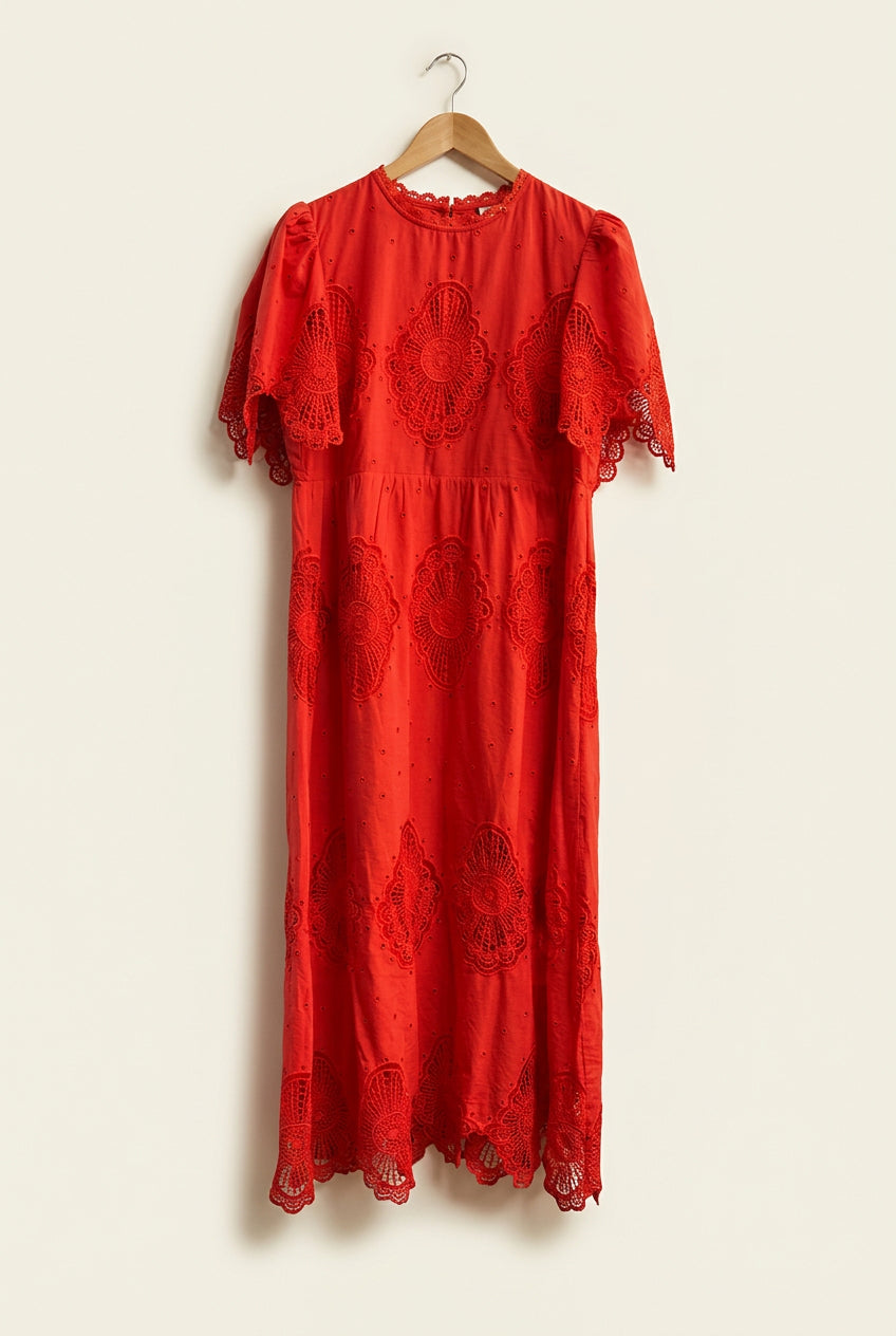 Tuckernuck Dress Maxi Length Floral Meshing Design Long Sleeve Bright Red Ladies Size M