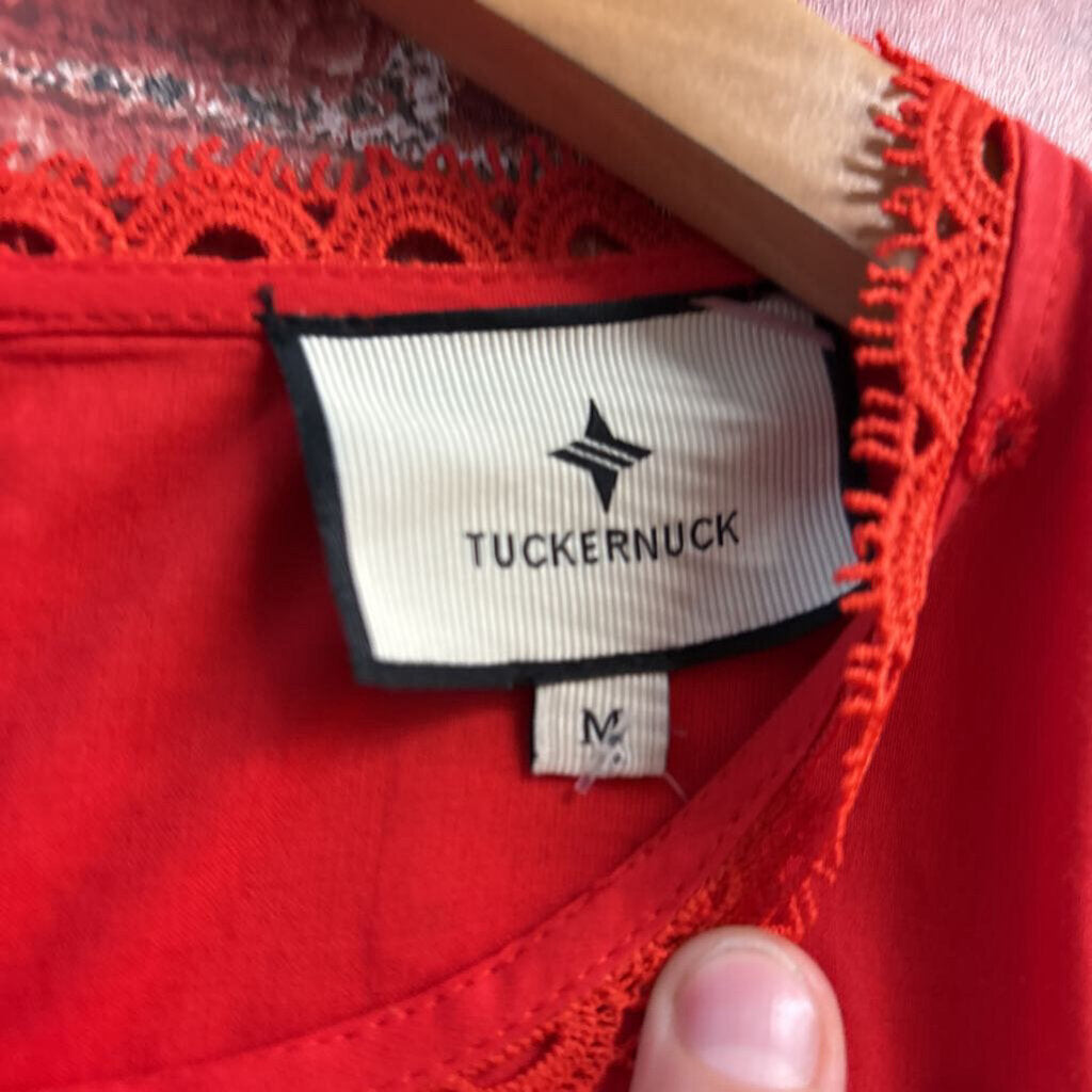 Tuckernuck Dress Maxi Length Floral Meshing Design Long Sleeve Bright Red Ladies Size M
