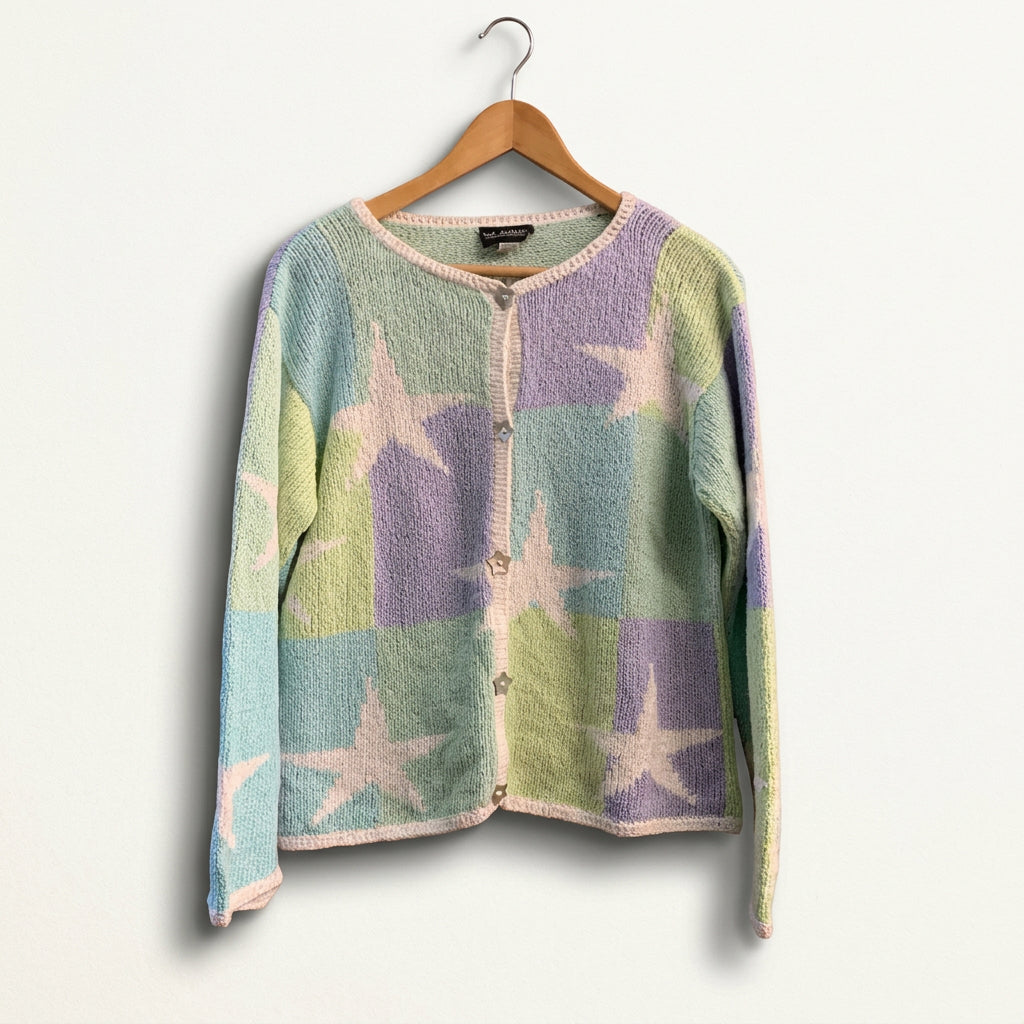 M. Gibson Sweater Star Buttons Green/Puple/Teal/Blue Ladies Size M