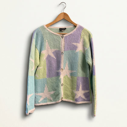 M. Gibson Sweater Star Buttons Green/Puple/Teal/Blue Ladies Size M
