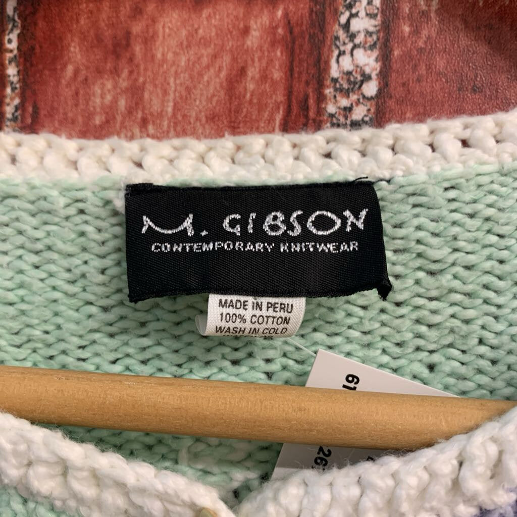 M. Gibson Sweater Star Buttons Green/Puple/Teal/Blue Ladies Size M