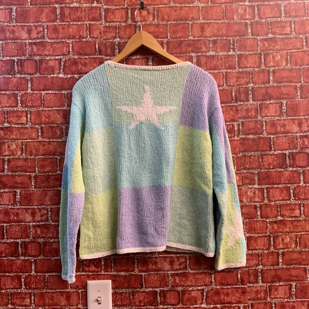 M. Gibson Sweater Star Buttons Green/Puple/Teal/Blue Ladies Size M