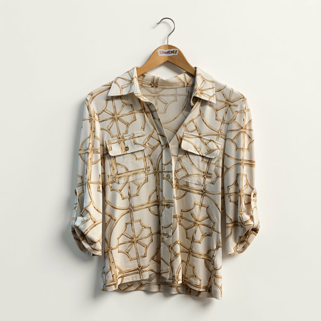 J. McLaughlin Button Up Graphic Design Beige/Yellow Ladies Size XS
