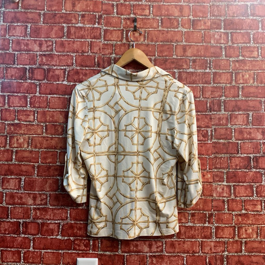 J. McLaughlin Button Up Graphic Design Beige/Yellow Ladies Size XS