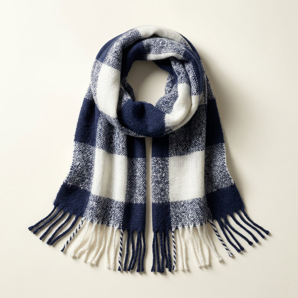 LOFT Big Plaid Blanket Scarf Navy/White