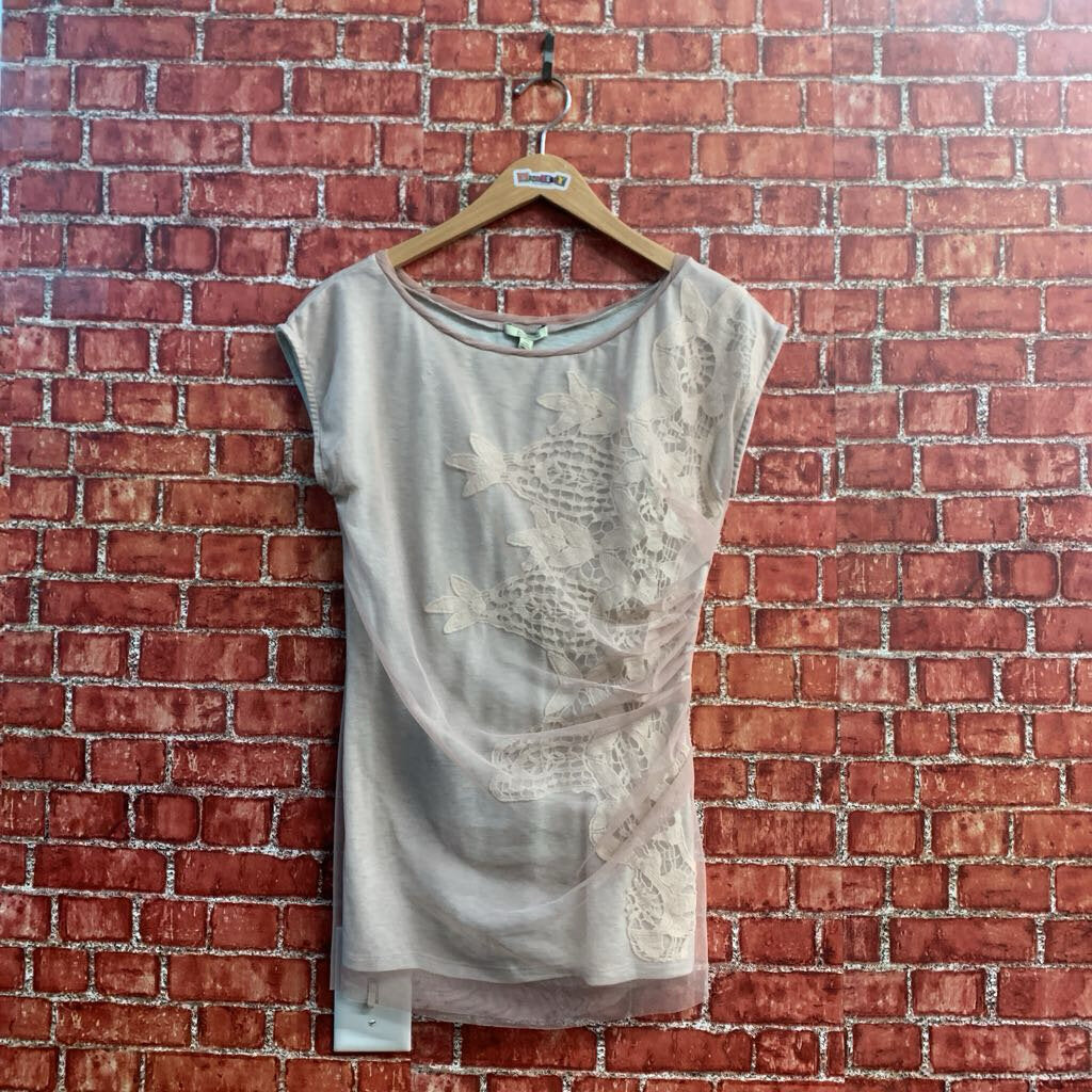 Bordeaux Lace Applique Mesh Overlay Sleeveless Top Grey/Blush Size L