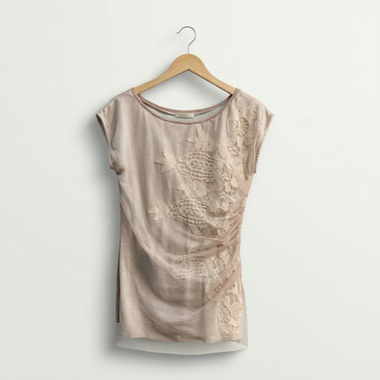 Bordeaux Lace Applique Mesh Overlay Sleeveless Top Grey/Blush Size L