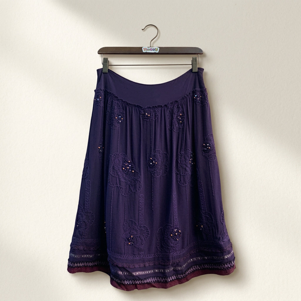Vintage Cynthia Steffe 100% Silk Beaded & Embroidered Midi Skirt Purple/Blue/Black Ladies Size 8