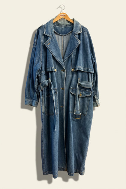 Together! Vintage Trench Coat Denim Blue Ladies Size 16 AS-IS (Missing buttons)