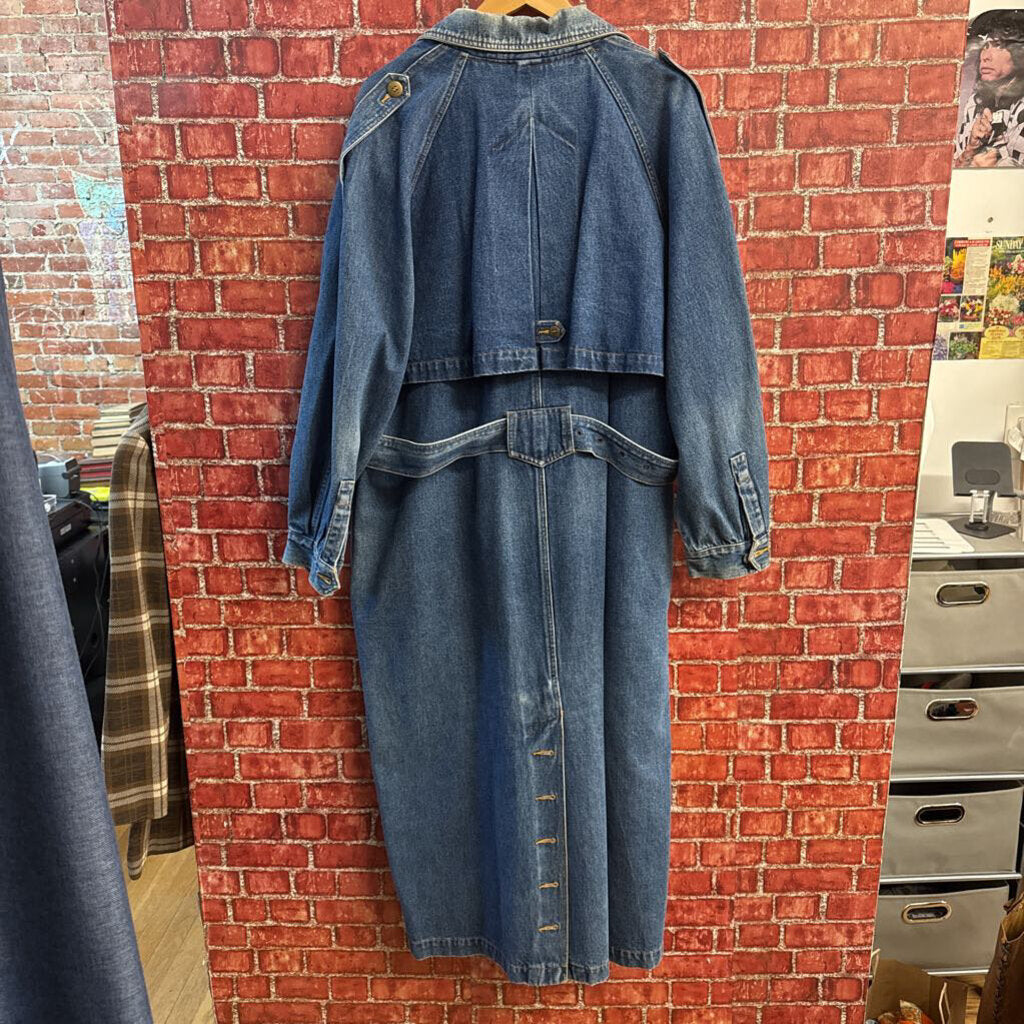 Together! Vintage Trench Coat Denim Blue Ladies Size 16 AS-IS (Missing buttons)