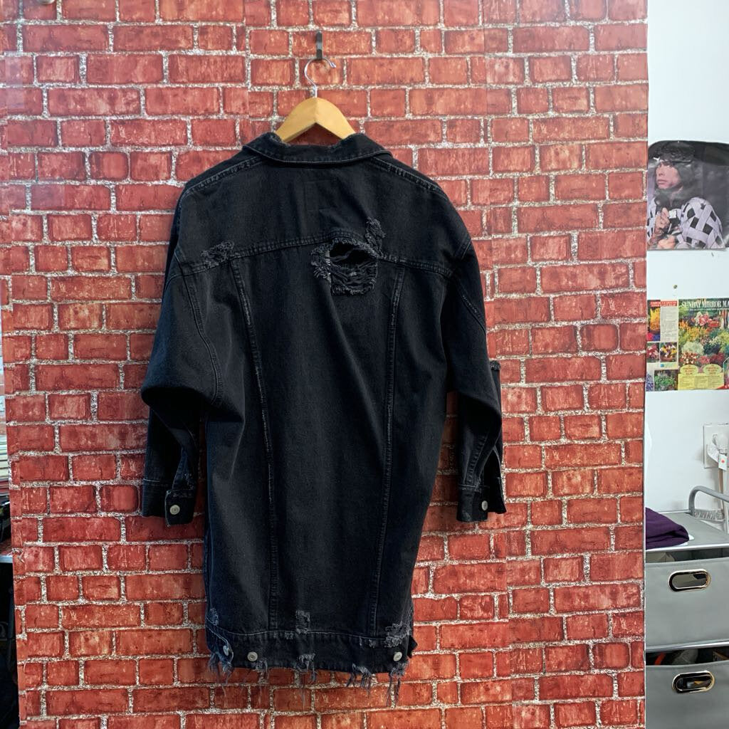 Zara Denim Jacket Long Distressed Black Ladies Size S