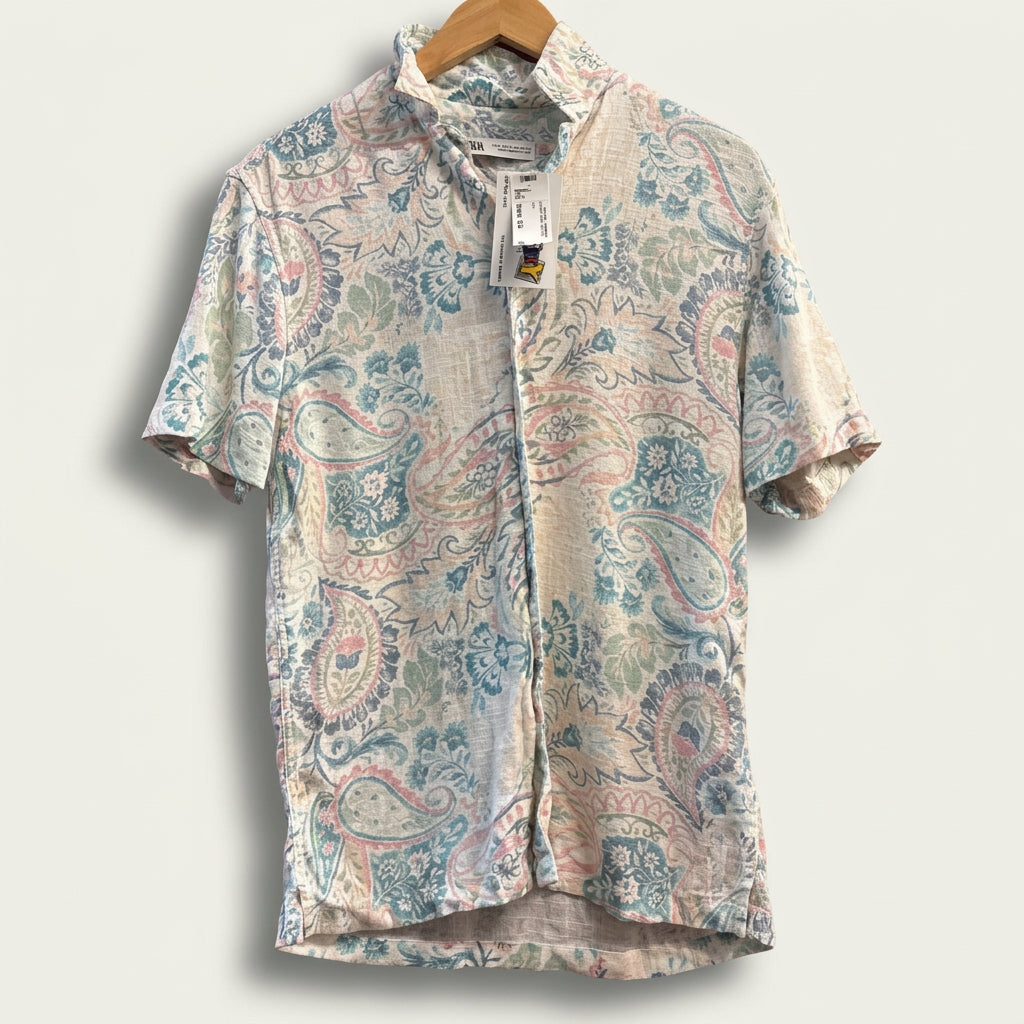 Zara Button Up Short Sleeve Linen Blend Paisley Pastel White/Multi Men’s Size S