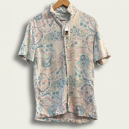 Zara Button Up Short Sleeve Linen Blend Paisley Pastel White/Multi Men’s Size S