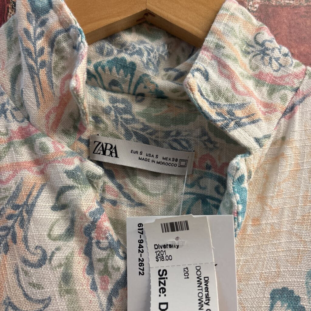 Zara Button Up Short Sleeve Linen Blend Paisley Pastel White/Multi Men’s Size S