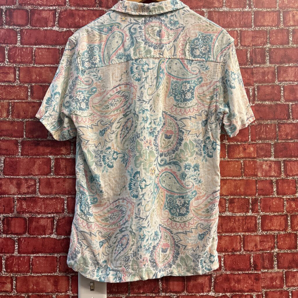 Zara Button Up Short Sleeve Linen Blend Paisley Pastel White/Multi Men’s Size S