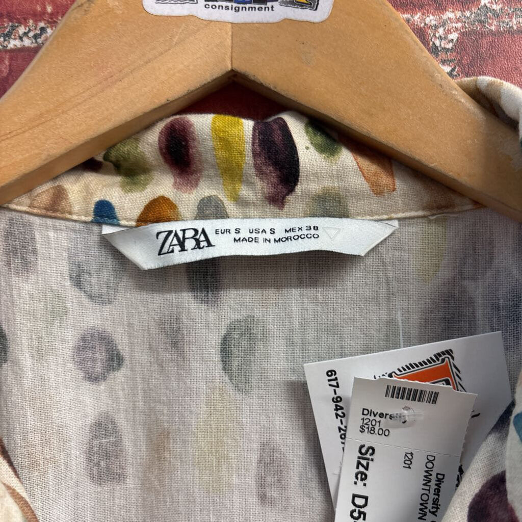Zara Button Up Short Sleeve Cotton Paint Strokes Beige/Multi Size S
