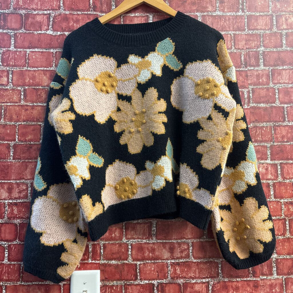 Storia Black Big Floral Knit Sweater Size S
