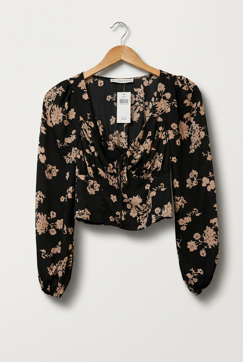 Abercrombie Fitch Black & Taupe Floral Pattern LS Top Ladies Size XS