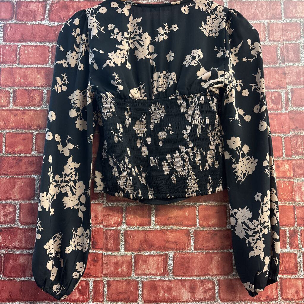 Abercrombie Fitch Black & Taupe Floral Pattern LS Top Ladies Size XS