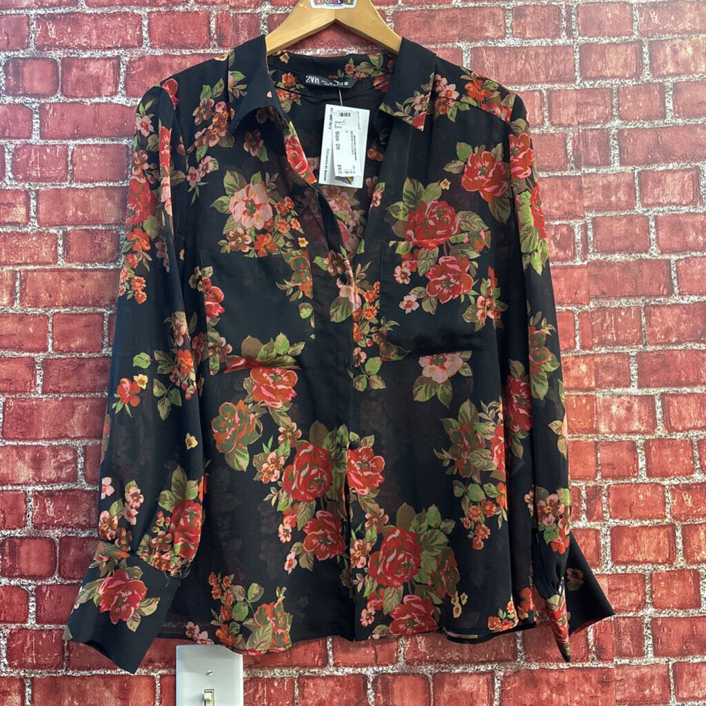 Zara Black & Multi Color Floral Blouse Top Ladies Size L