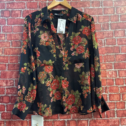 Zara Black & Multi Color Floral Blouse Top Ladies Size L