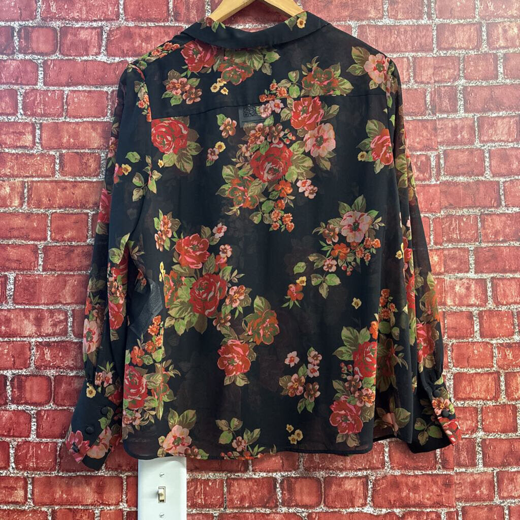 Zara Black & Multi Color Floral Blouse Top Ladies Size L