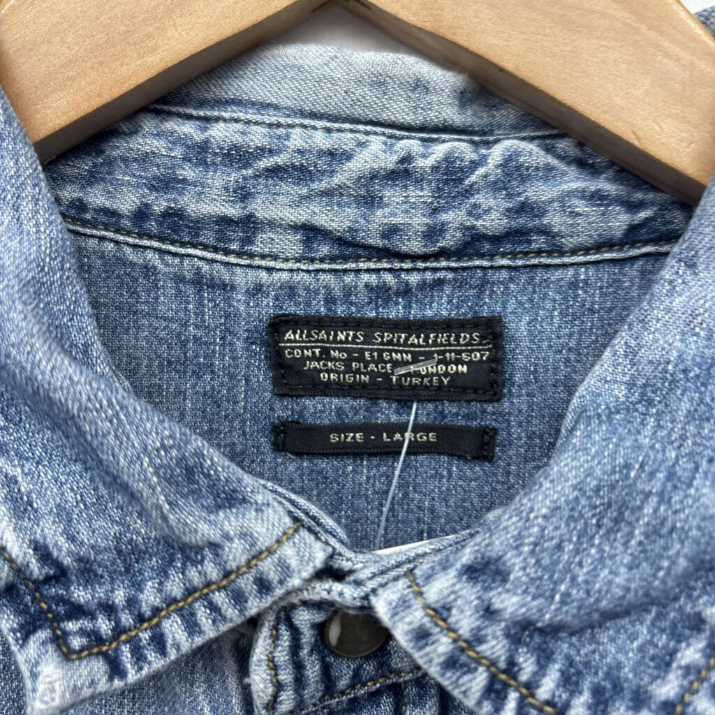 Allsaints Blue Denim Snap Button Up Men’s Size L