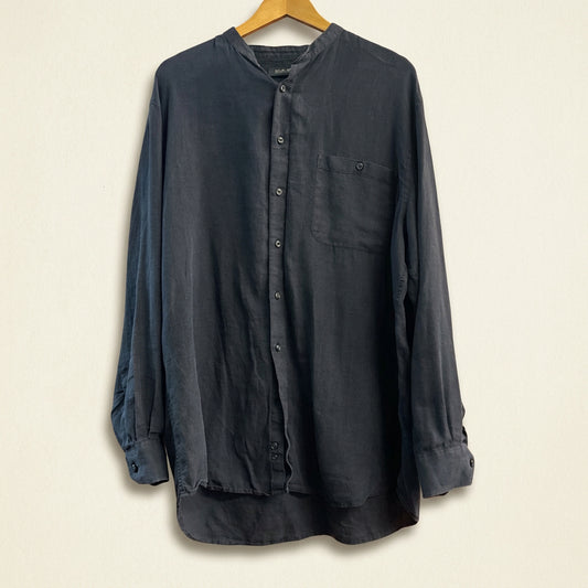 Vintage Murano Black Linen Button Up Bandless Collar Men’s Size L