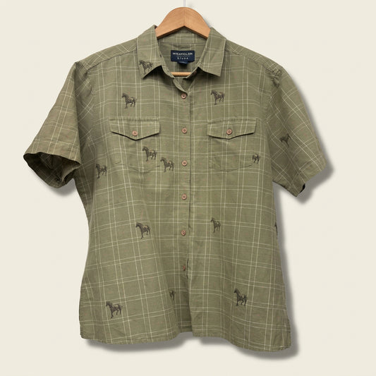 Vintage Wrangler Blues Horse Print Green Plaid Button Up Ladies Size XL