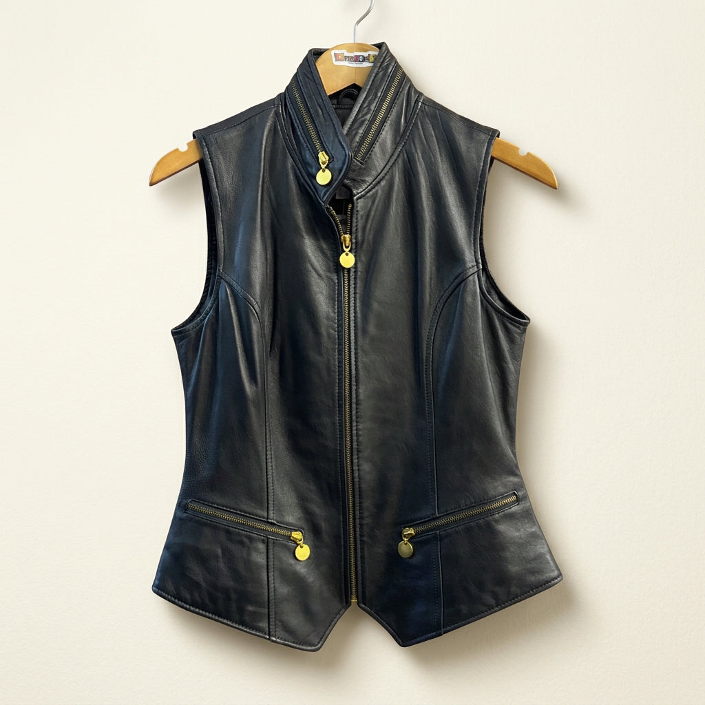 Vintage Neiman Marcus Black Leather Vest Gold Hardware Full Zip Size M