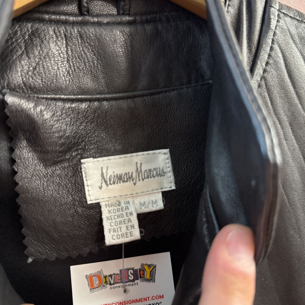 Vintage Neiman Marcus Black Leather Vest Gold Hardware Full Zip Size M