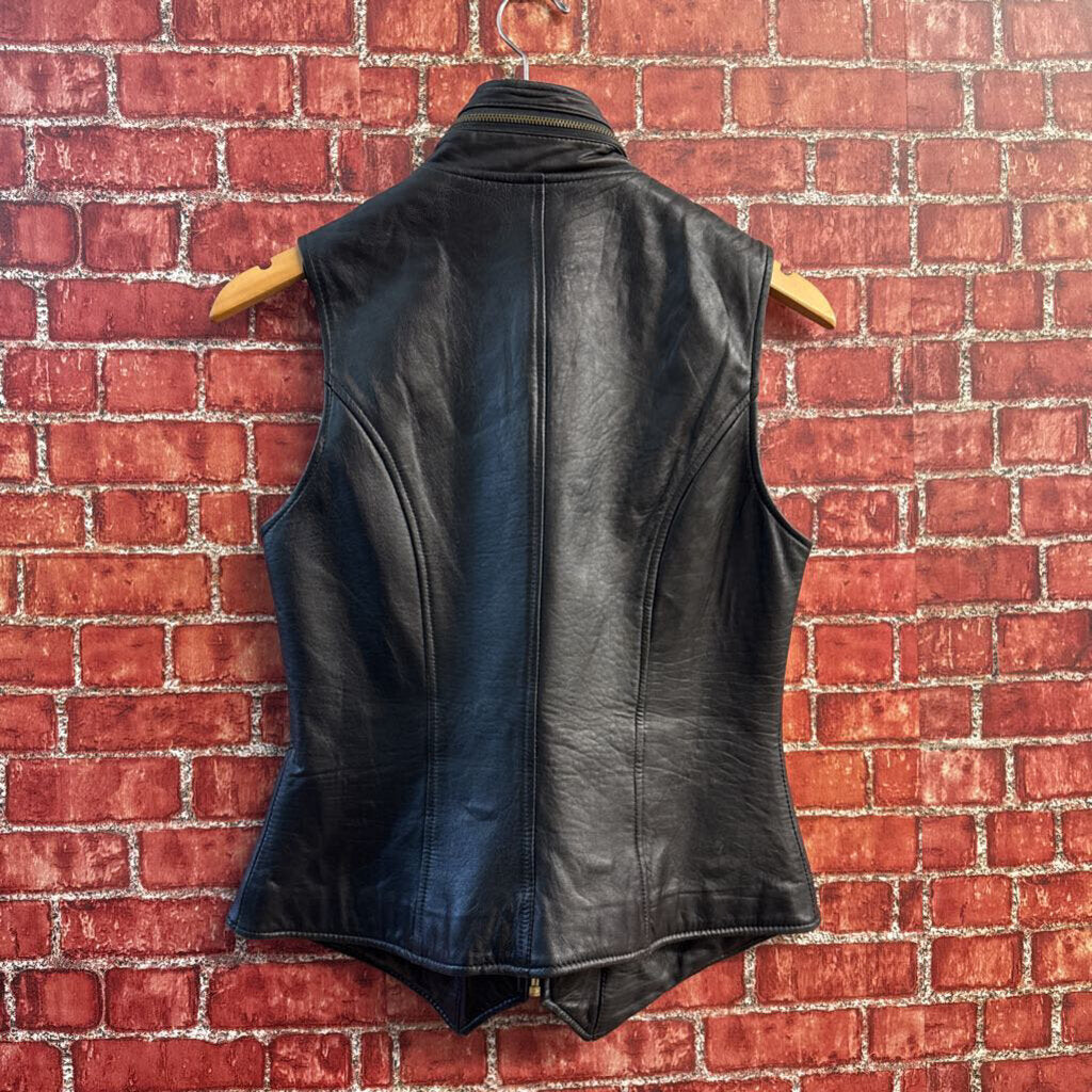 Vintage Neiman Marcus Black Leather Vest Gold Hardware Full Zip Size M