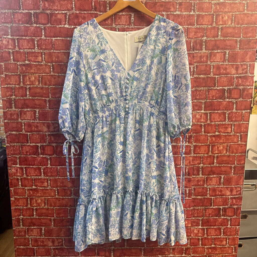 Taylor Blue Floral LS Midi Dress Size 12