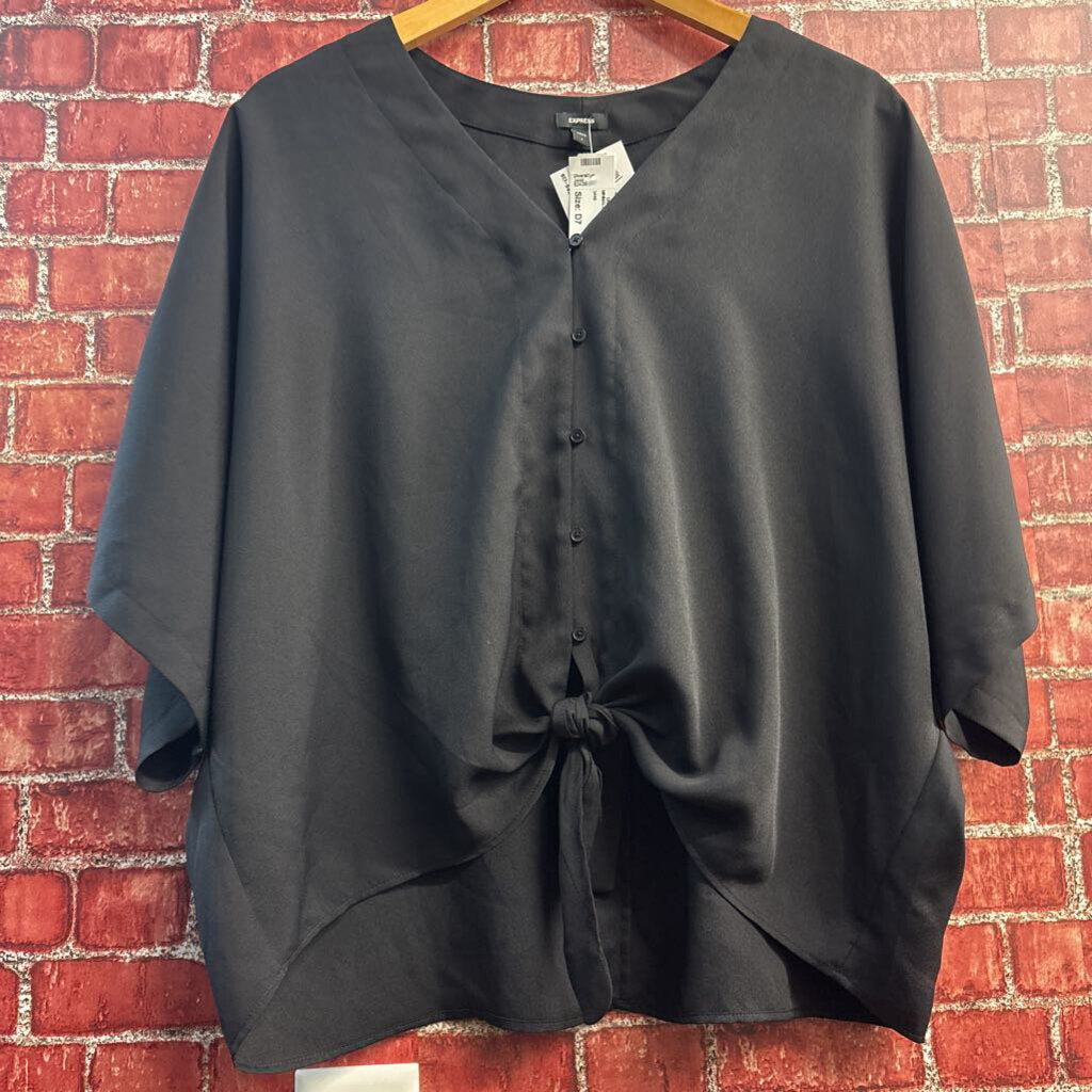 Express Short Sleeve Dolman Sleeve Button Down Tie Front Shirt Black Size L