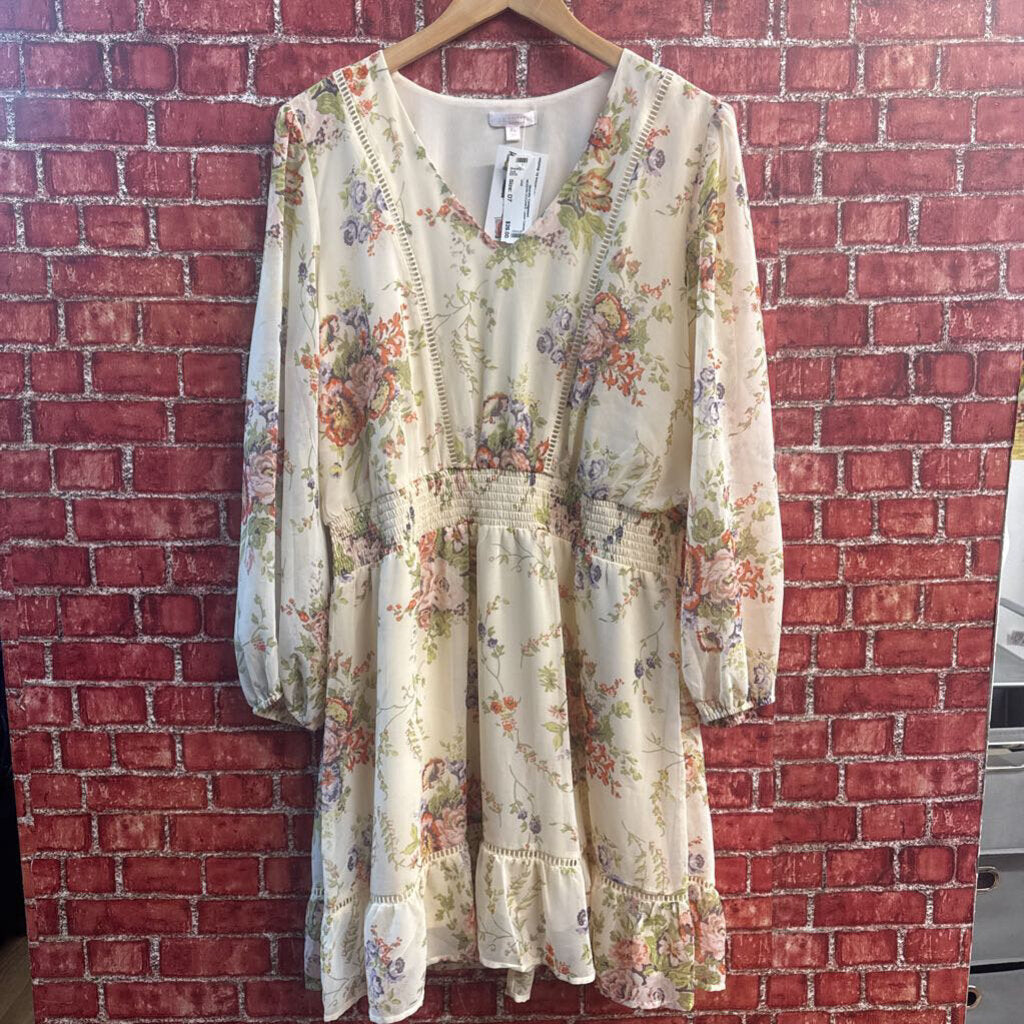 Lauren Conrad Long Sleeve Floral V-Neck Chiffon Midi Dress Yellow/Green/Purple/Multi Size XL