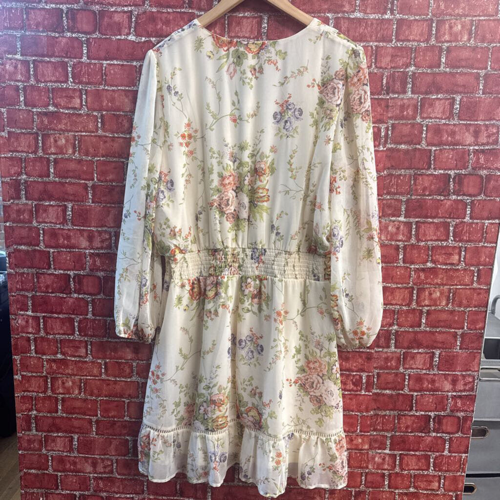 Lauren Conrad Long Sleeve Floral V-Neck Chiffon Midi Dress Yellow/Green/Purple/Multi Size XL