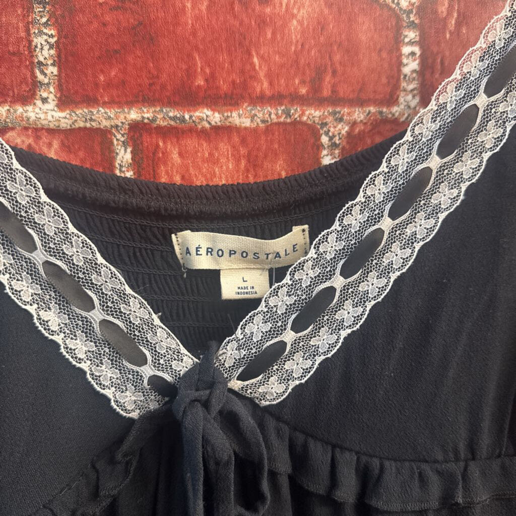 Aeropostale V-Neck Lace-Trim Babydoll Mini Dress Black/White Size L