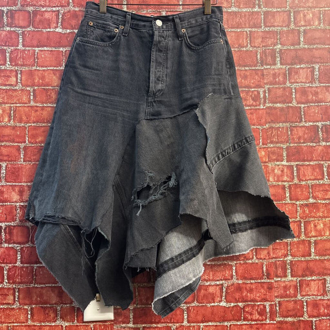 Algolde Deconstructed Denim Midi Skirt Black Size 26
