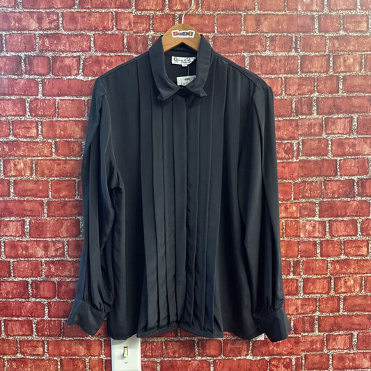 Vintage Oscar de la Renta Express Long Sleeve Pleated Button Up Black Size 14