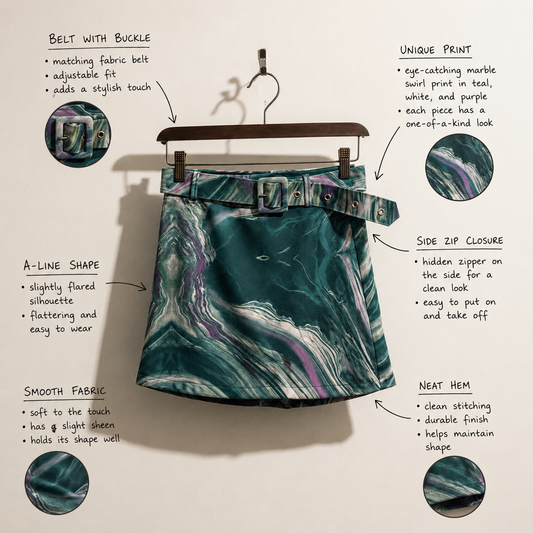 NWT Save the Queen Skort Belted Swirly Teal/Purple/White Size 28