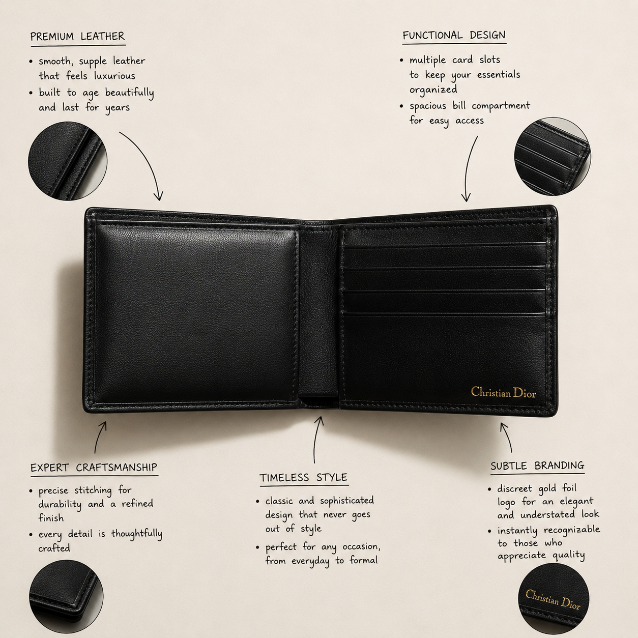 Christian Dior Vintage Wallet Leather Black