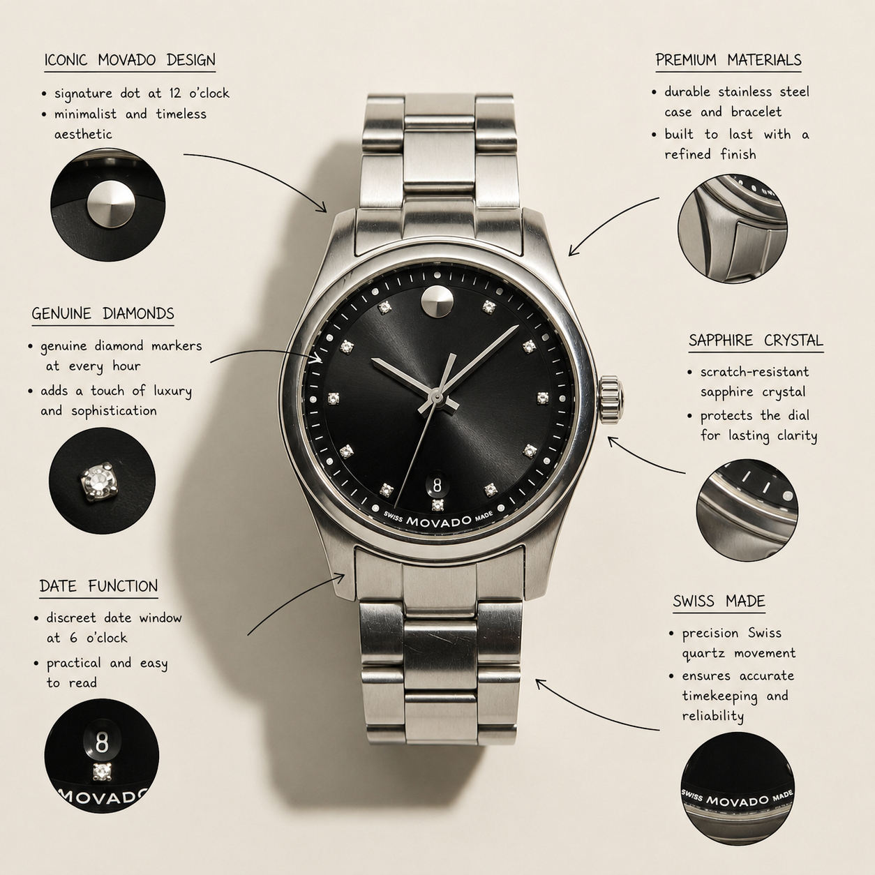 Movado Sportivo Diamond Watch Silver/Black (has extra piece to lengthen)