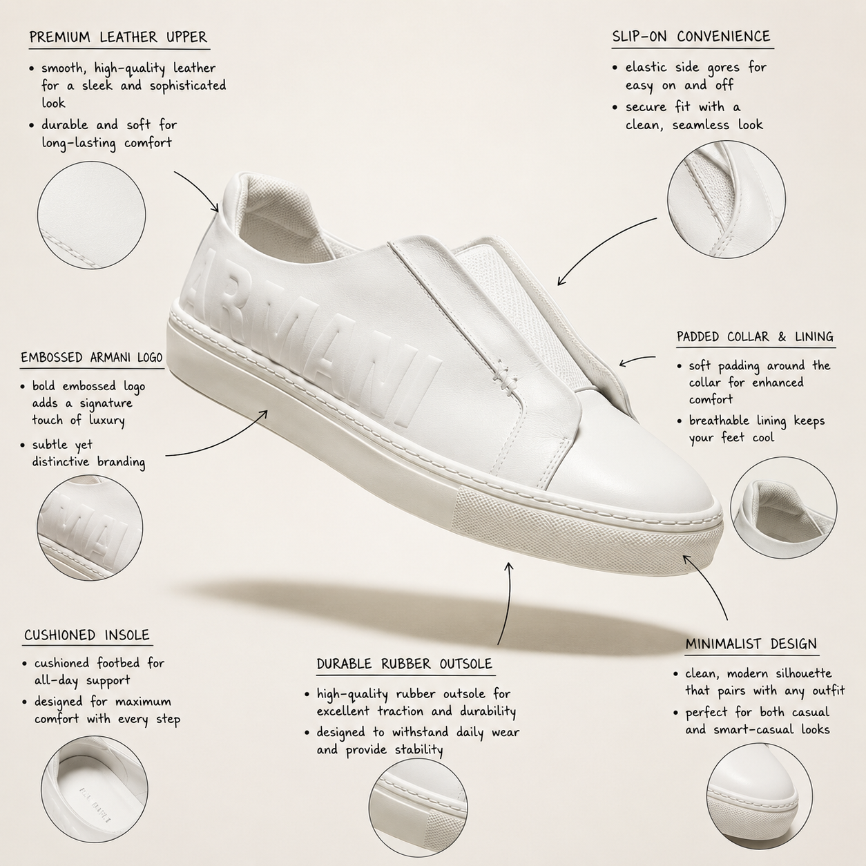 Giorgio Armani Sneakers Slip On Leather White Size 10M