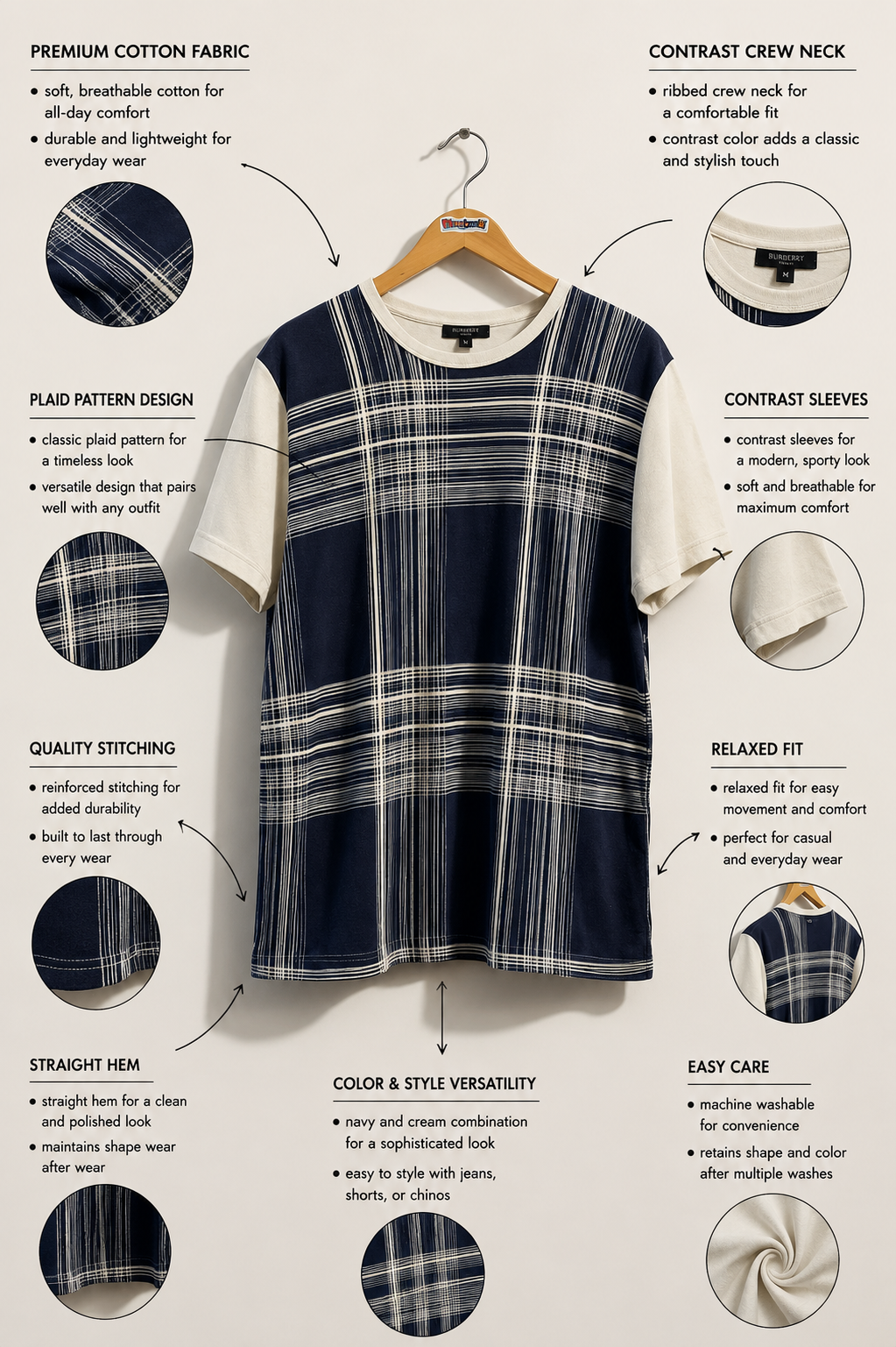 Burberry Tee Waffle Plaid Navy/White Size L