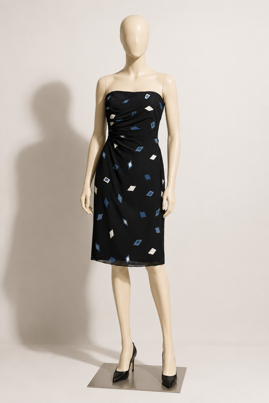Armani Collezioni Dress Strapless Silk Diamonds Navy/Grey Size 10